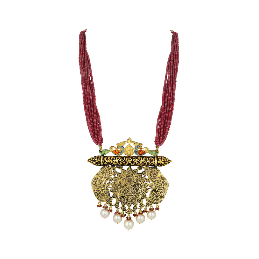 Partash Gold Necklace with Polki, Ruby Beads, and Peacock Motif